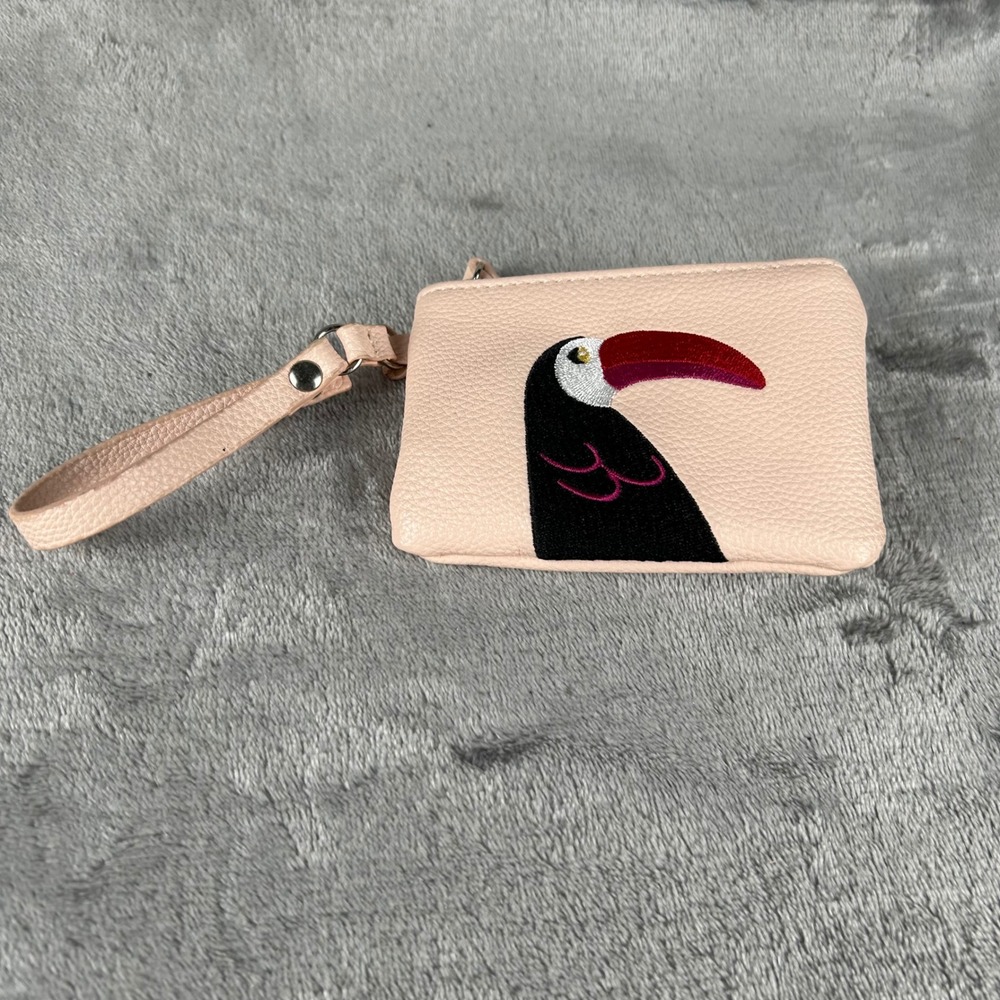 Kids‎ Pink Pebbled Faux Leather Toucan Embroidered Wristlet Coin Purse Zip Pouch